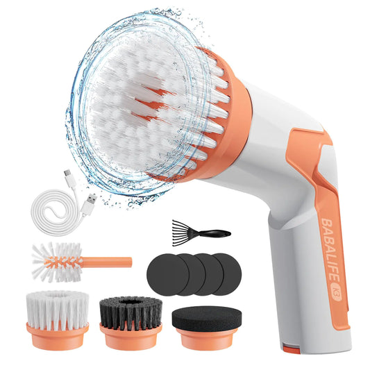 Electric Spin Scrubber Cordless Power Scrubber Electric Scrubber for Cleaning with 8 Replaceable Brush Heads (K3-Orange)
